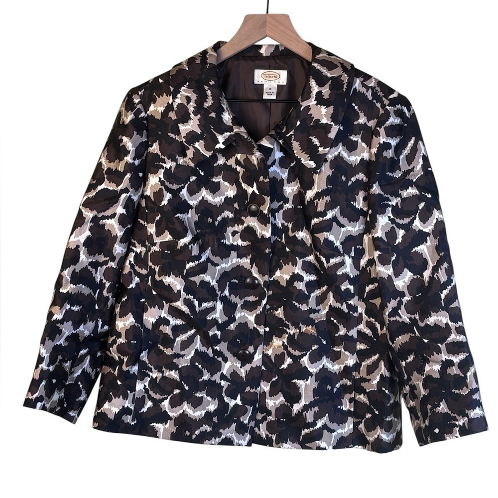 Talbots Petite Chic Black Brown Tan Abstract Print Blazer Jacket Silk Wool 14P